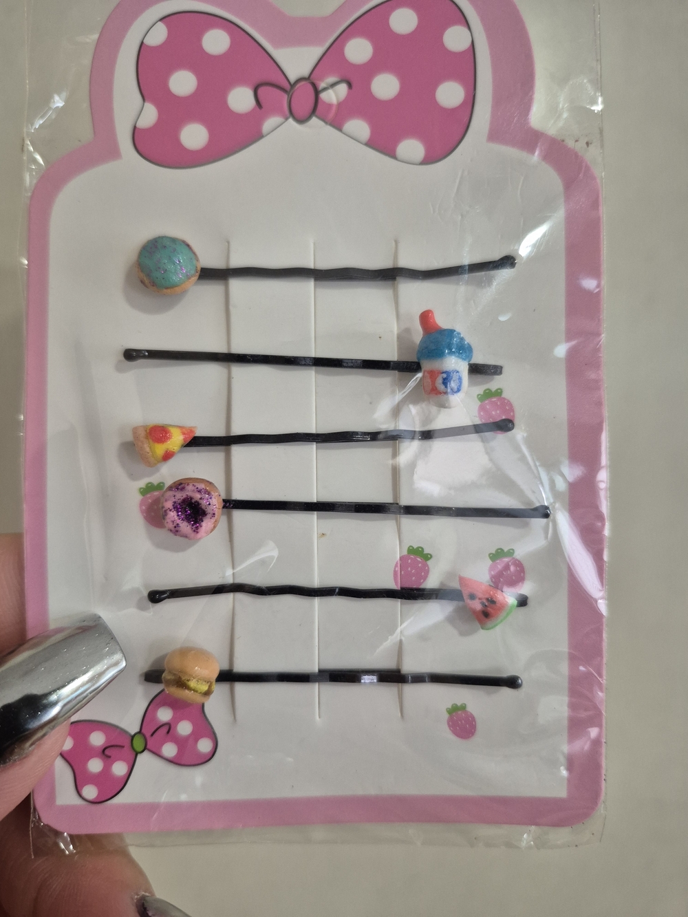 Cute Mini Food Bobby Pins - Pink Polka Bow Card